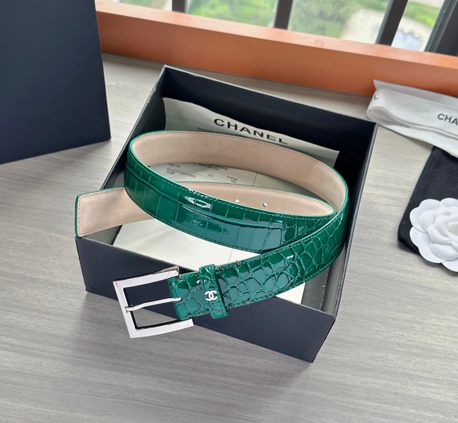 CC Belt 3cm Teal Green Sliver Embossed Crocodile Pattern Leather 202812