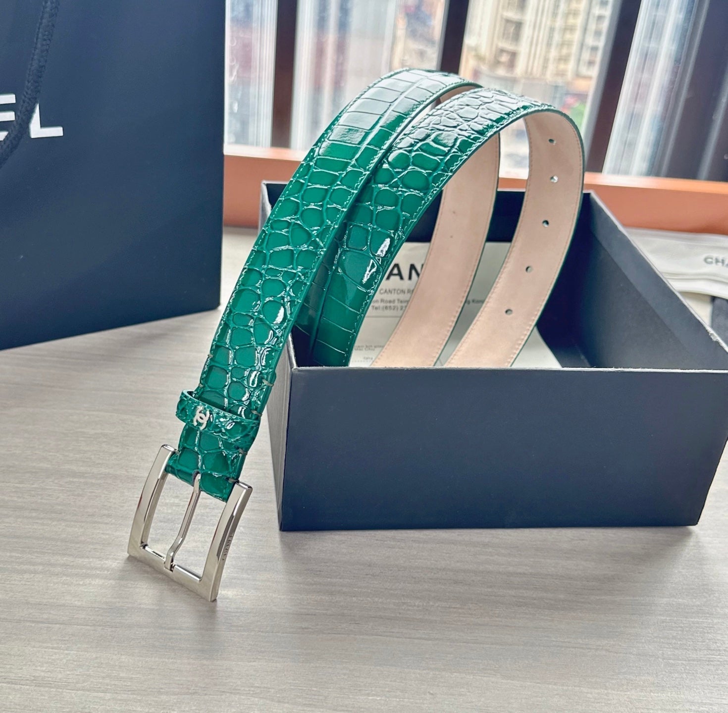 CC Belt 3cm Teal Green Sliver Embossed Crocodile Pattern Leather 202812