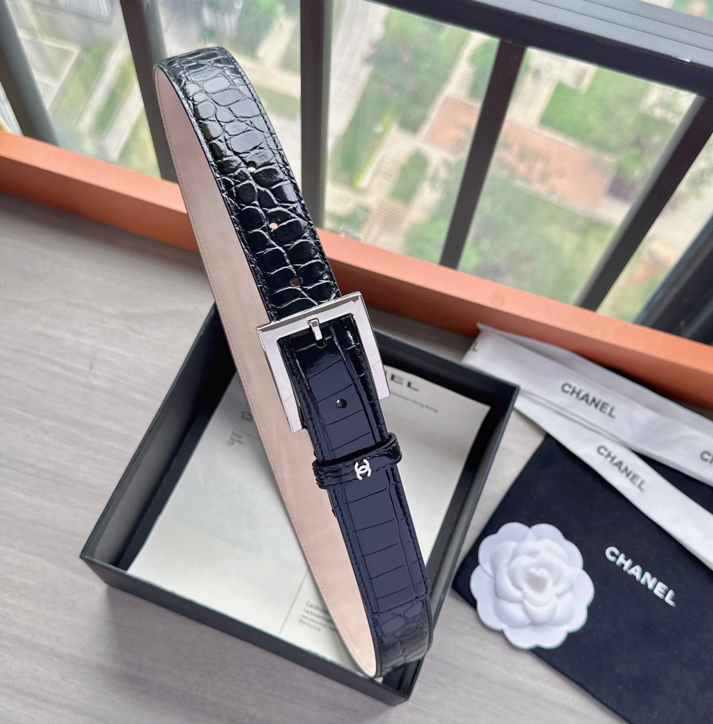 CC Belt 3cm Black Sliver Embossed Crocodile Pattern Leather202813