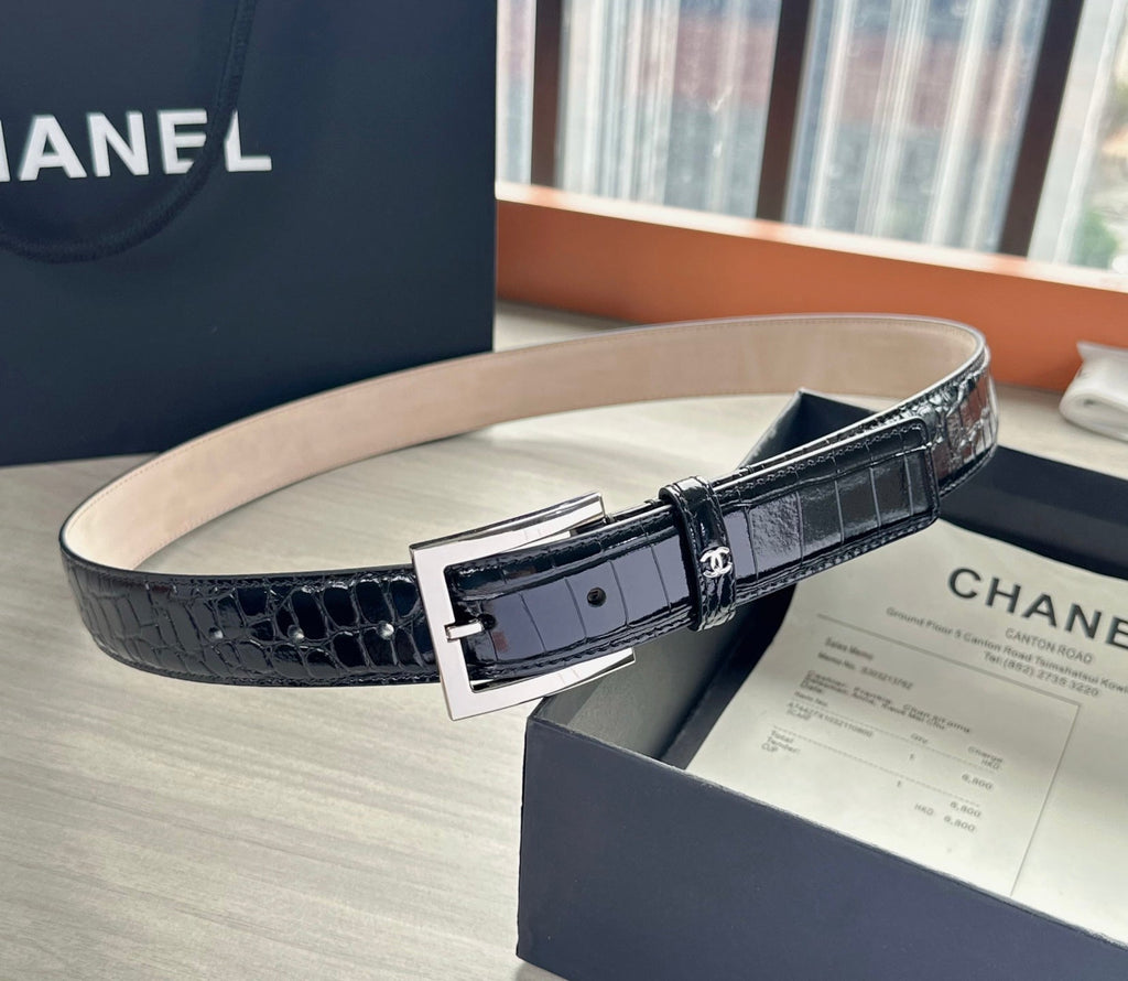 CC Belt 3cm Black Sliver Embossed Crocodile Pattern Leather202813