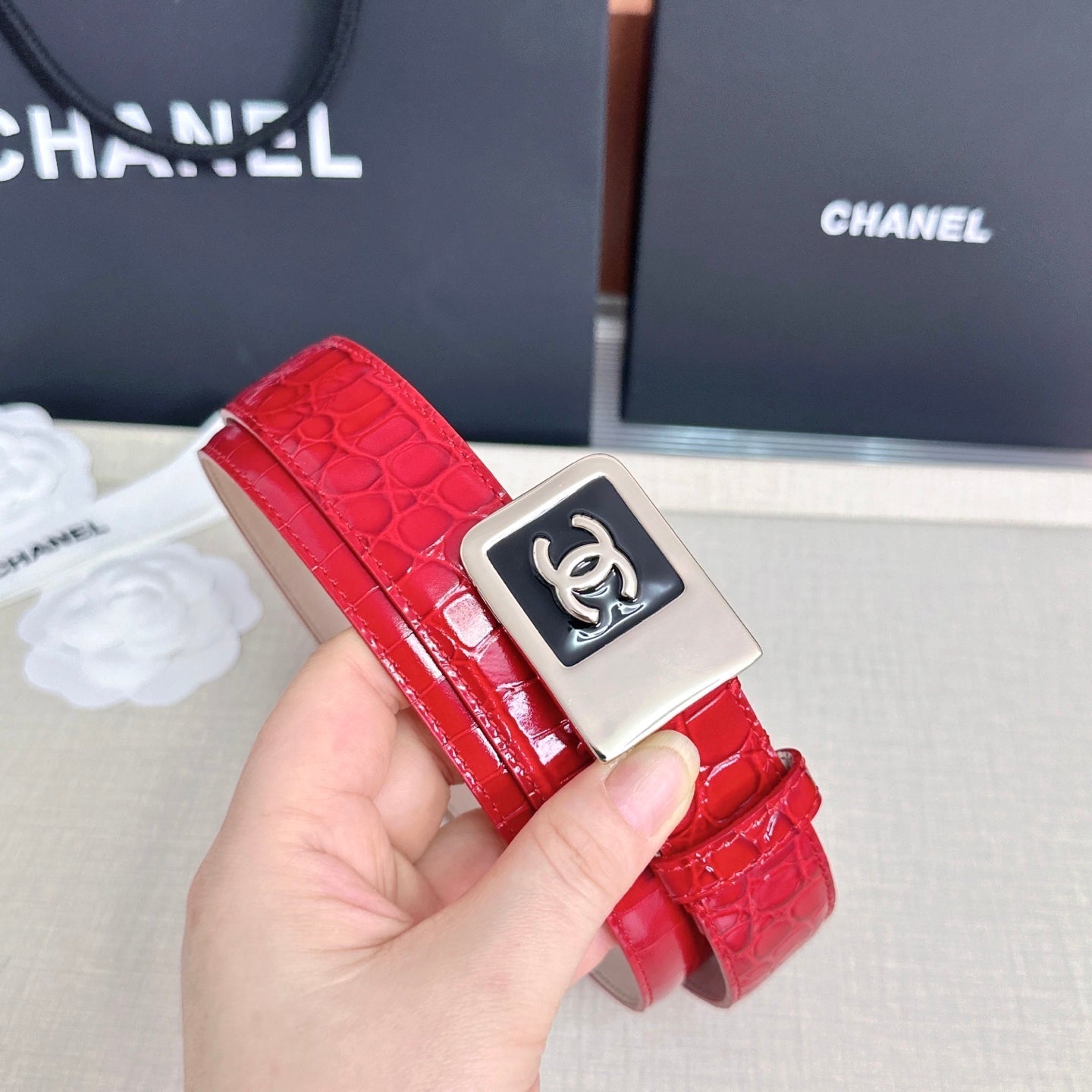 CC 3.0cm Belt Red Crocodile-Embossed 209364