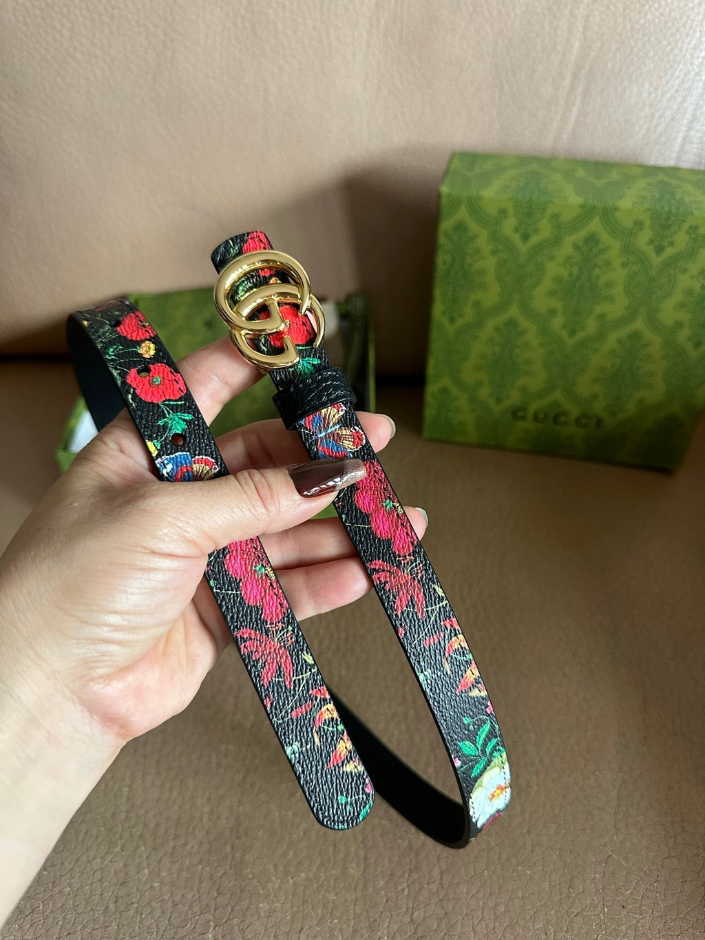 GG Marmont Reversible Belt 3.0cm Flora Print Black Leather