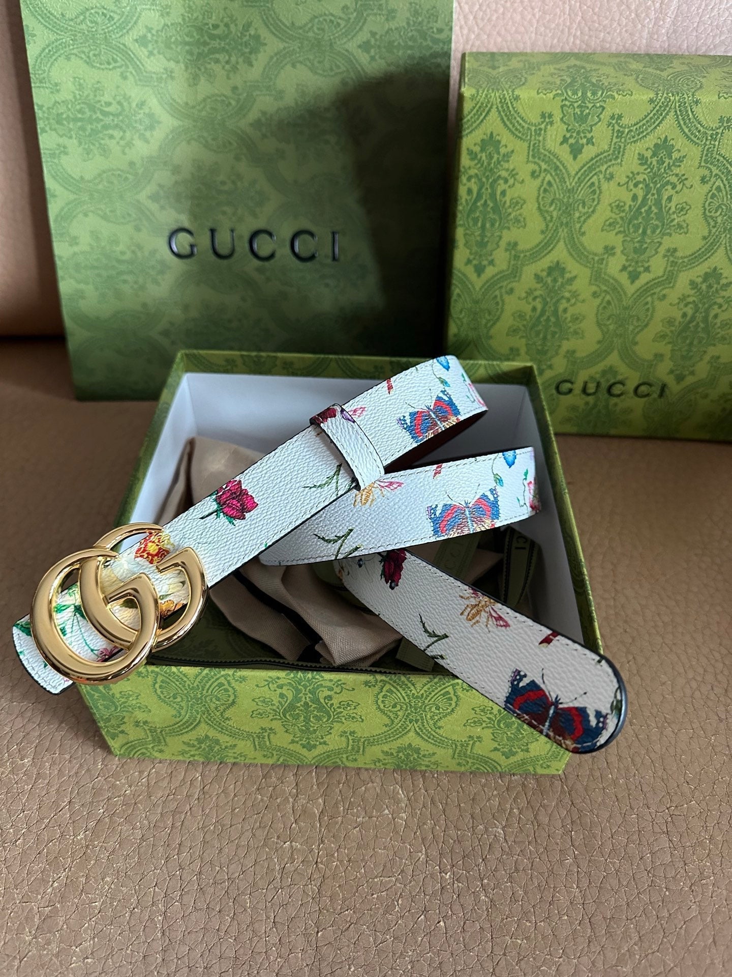 GG Marmont Reversible Belt 3.0cm Flora Print White Leather