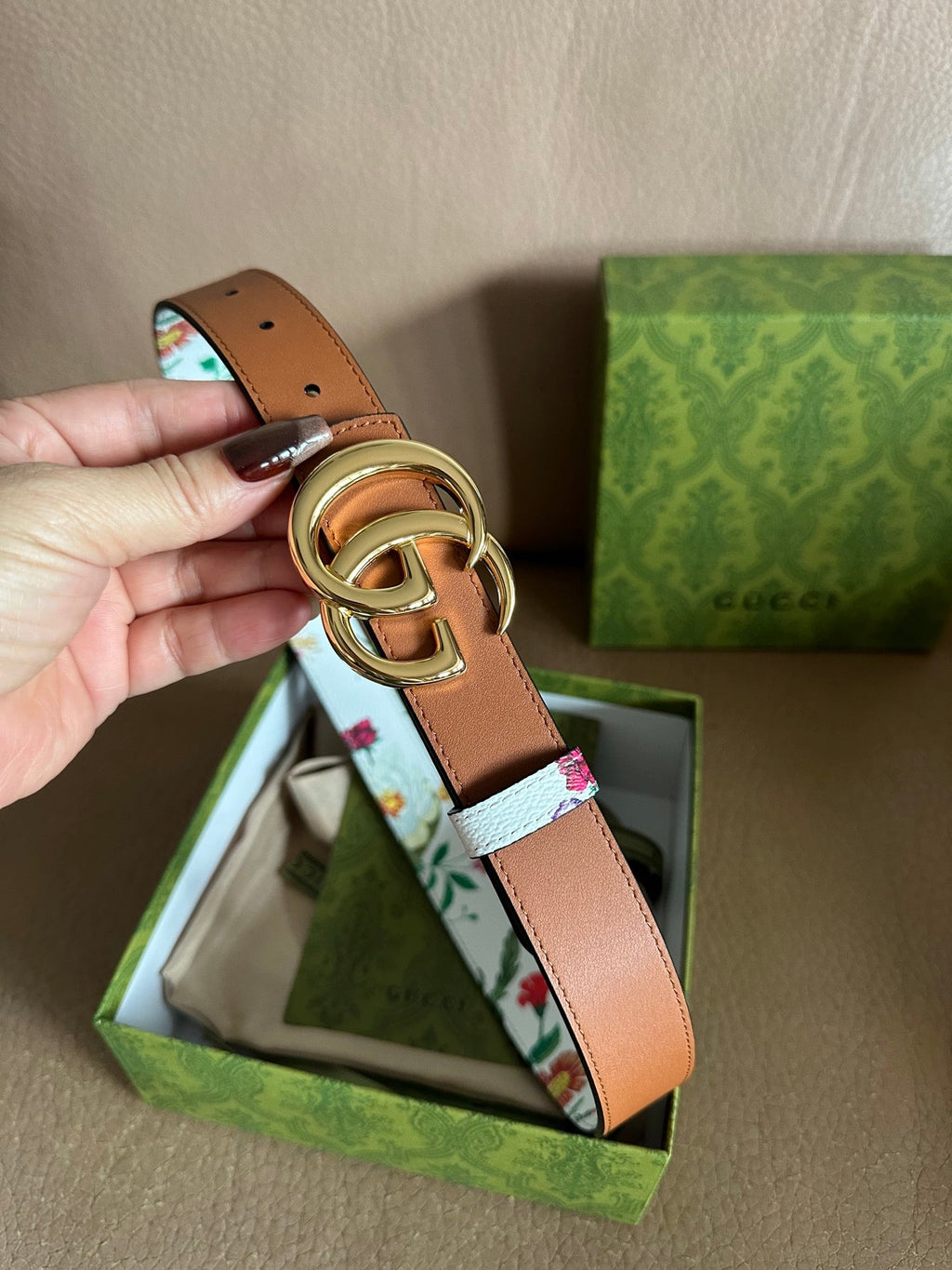 GG Marmont Reversible Belt 3.0cm Flora Print White Leather