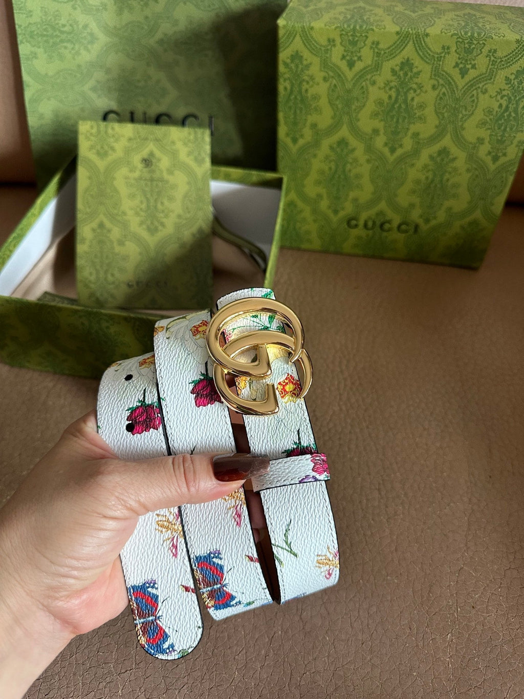GG Marmont Reversible Belt 3.0cm Flora Print White Leather