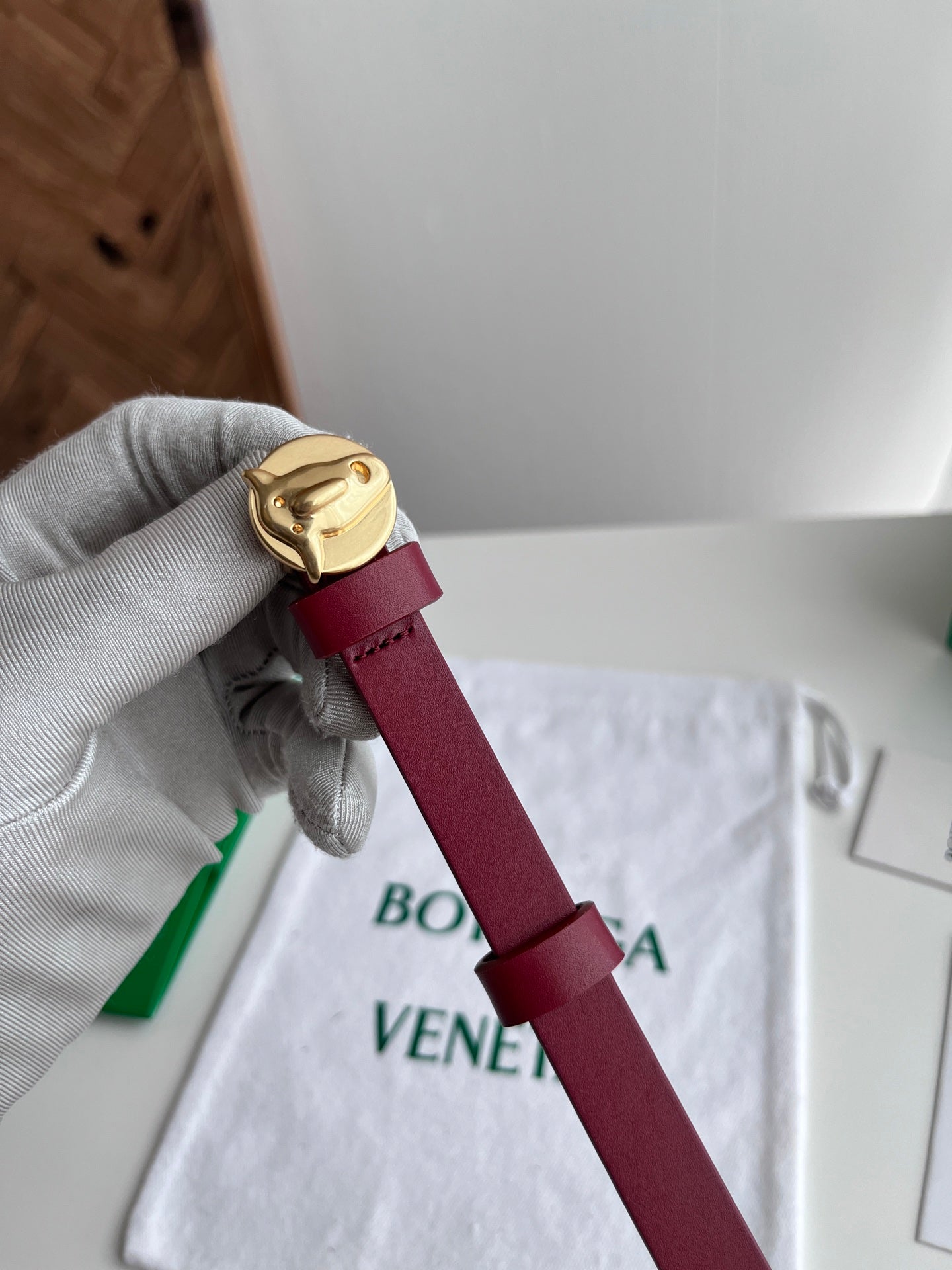 BV Narrow Face Belt 1.5cm Burgundy Gold Leather 207537
