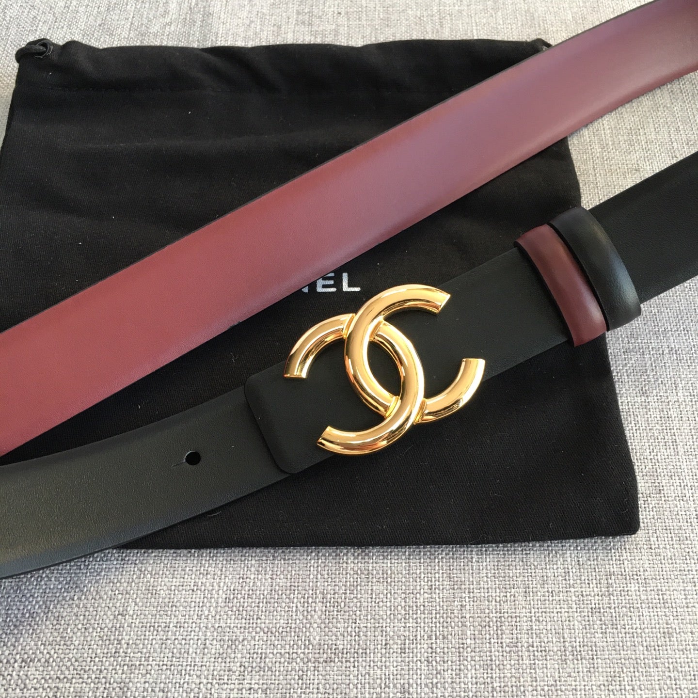 CC 2022 3.0cm Reversible Gold Belt Calfskin Black Burgundy Calfskin