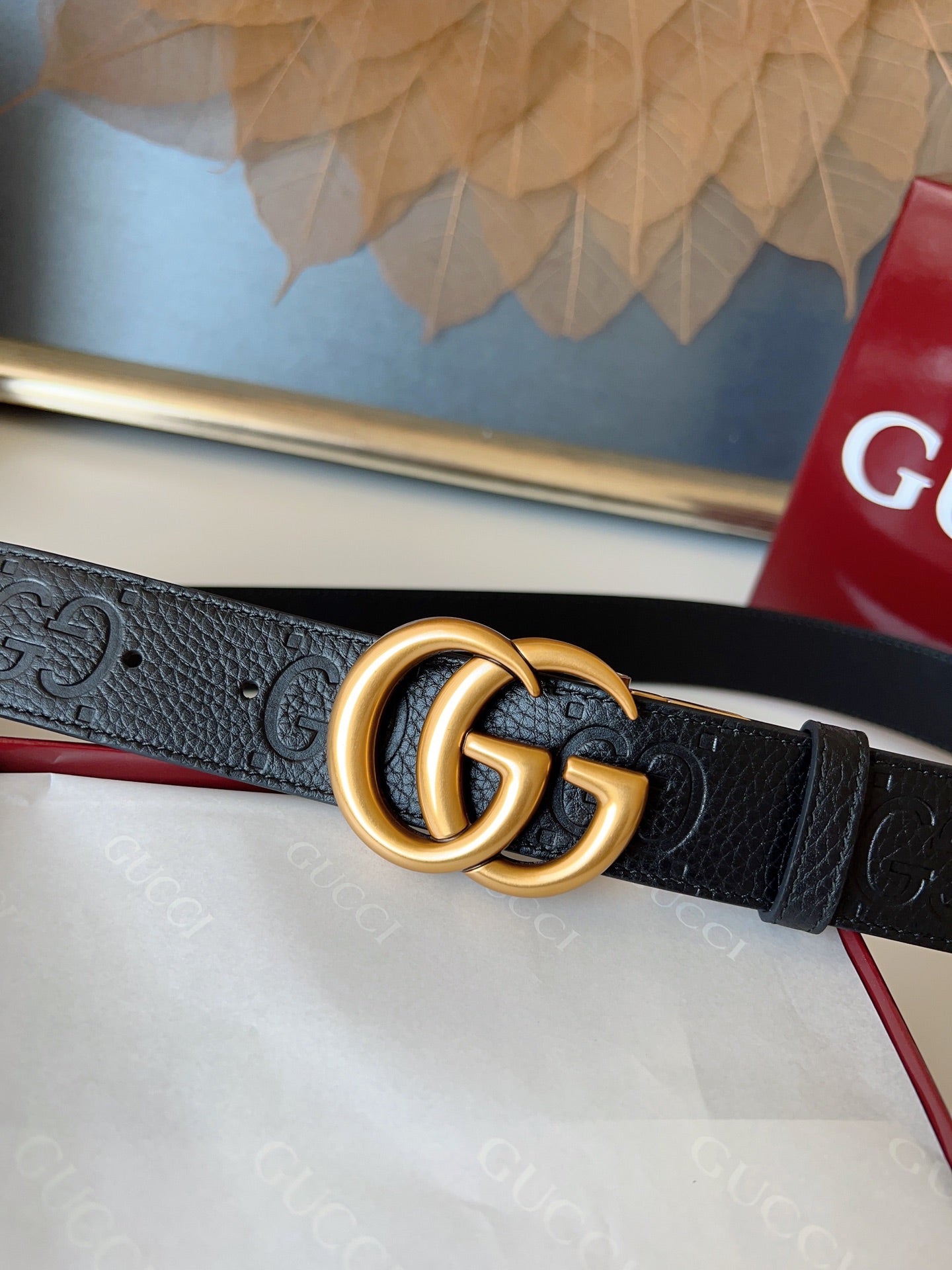 DOUBLE G MARMONT GOLD BUCKLE 37MM BLACK EMBOSSED LEATHER