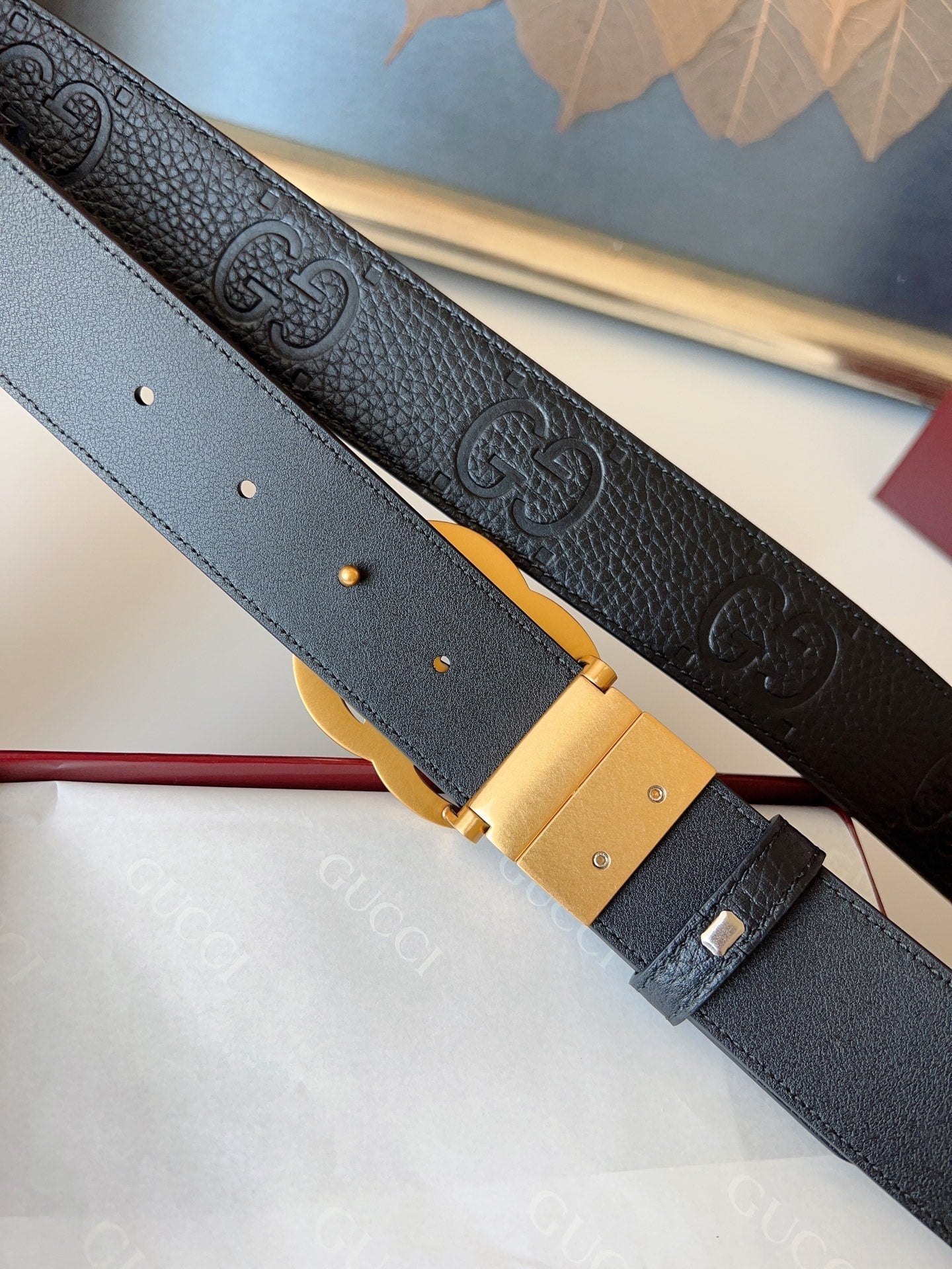 DOUBLE G MARMONT GOLD BUCKLE 37MM BLACK EMBOSSED LEATHER