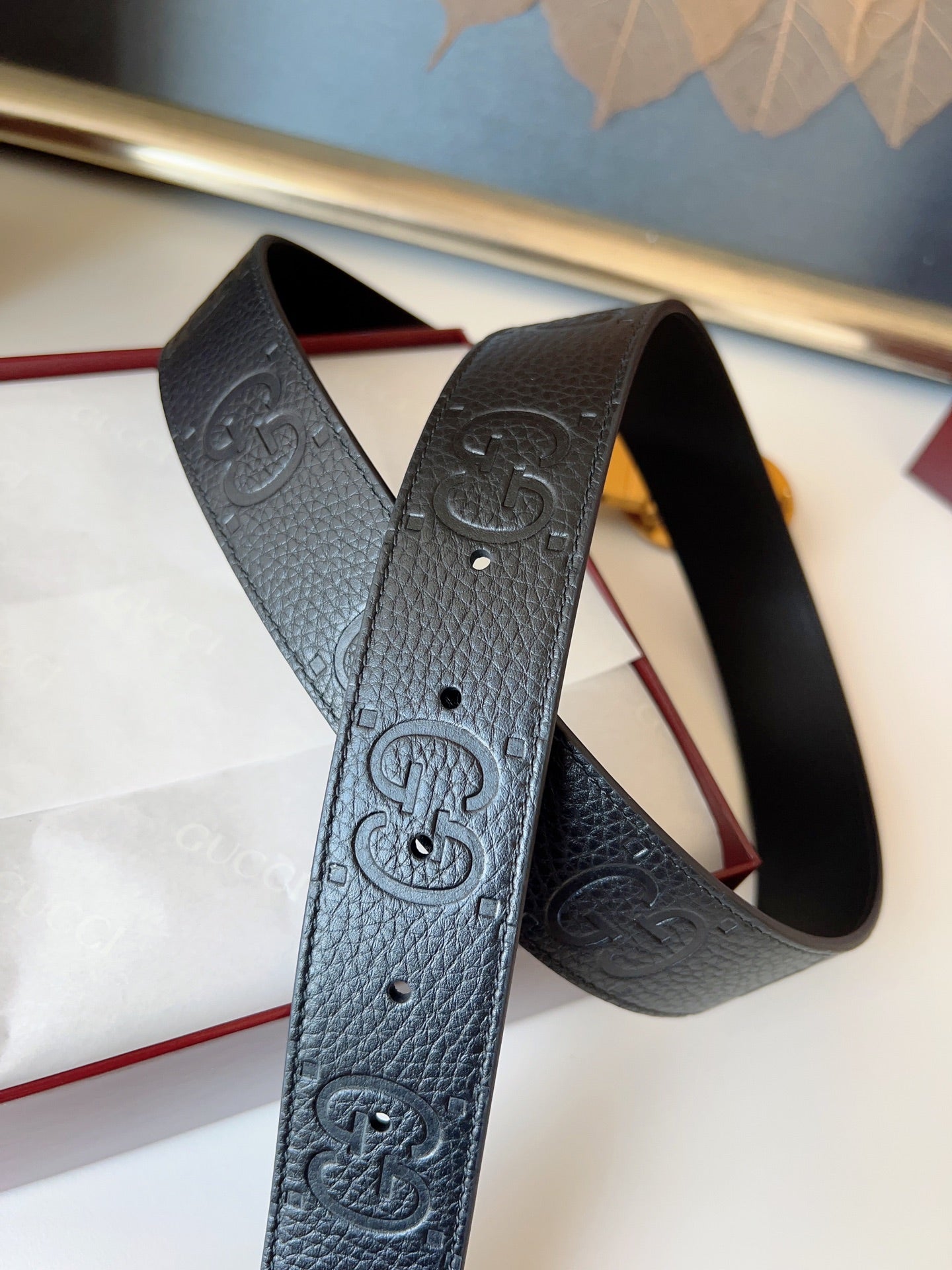DOUBLE G MARMONT GOLD BUCKLE 37MM BLACK EMBOSSED LEATHER