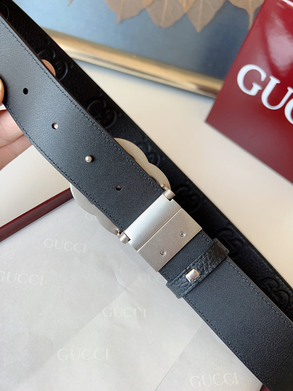 DOUBLE G MARMONT SLIVER BUCKLE 37MM BLACK EMBOSSED LEATHER