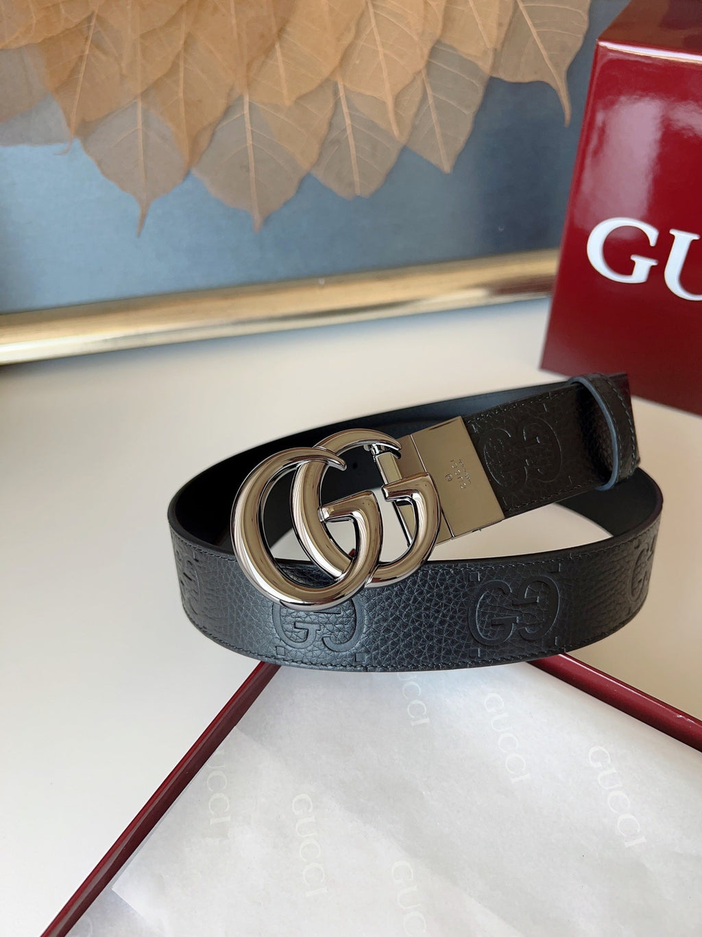DOUBLE G MARMONT BLUNT COPPER BUCKLE 37MM BLACK EMBOSSED LEATHER