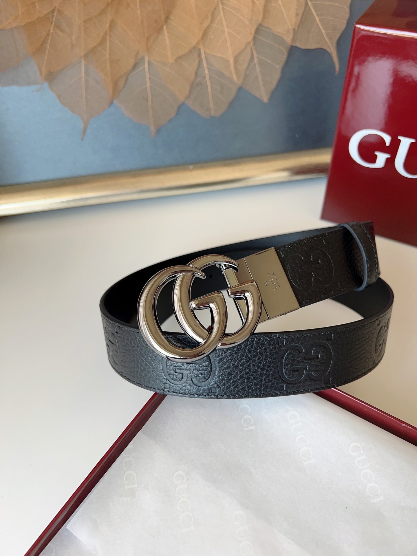 DOUBLE G MARMONT BLUNT COPPER BUCKLE 37MM BLACK EMBOSSED LEATHER