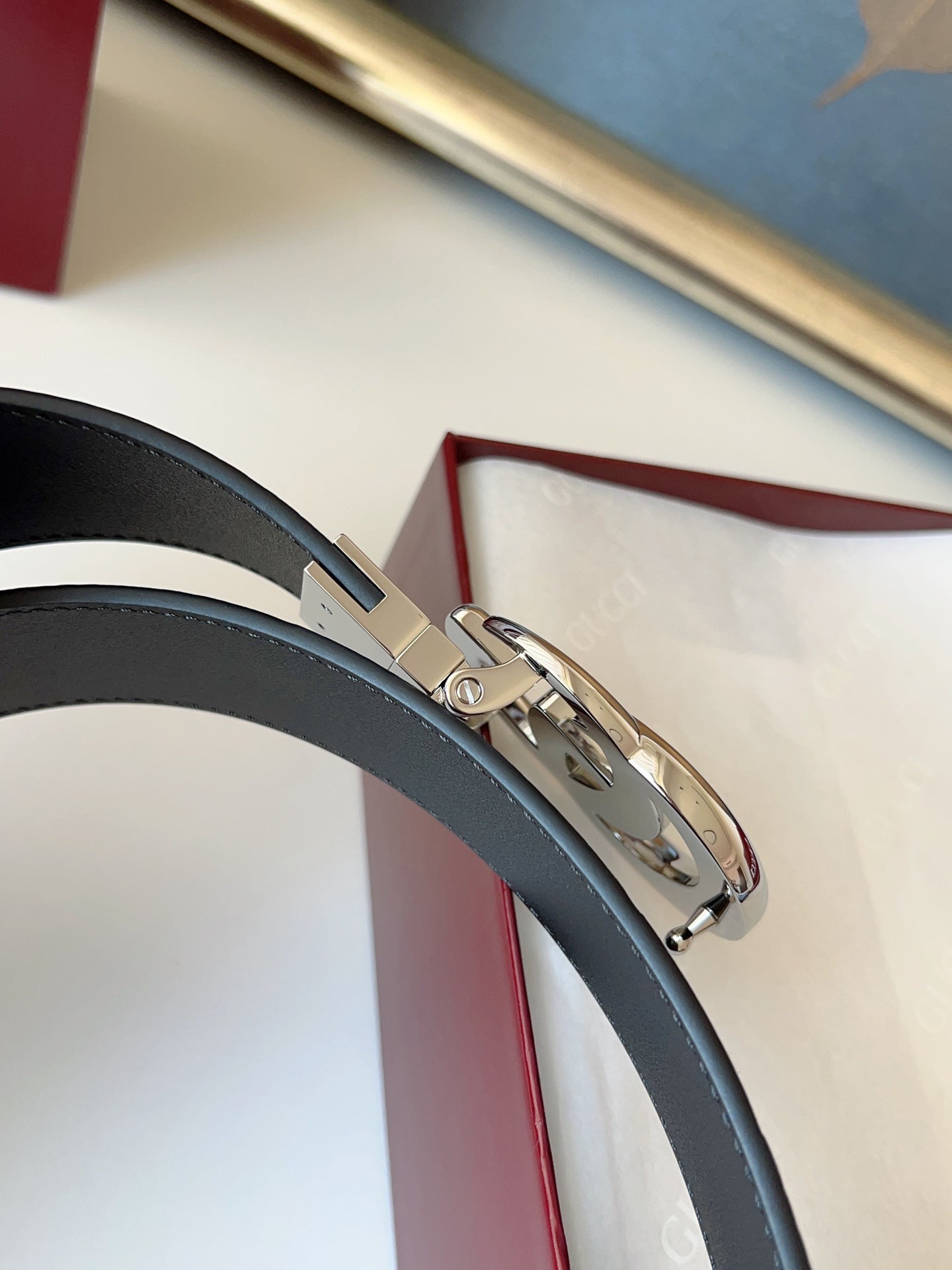 DOUBLE G MARMONT SHINY SLIVER BUCKLE 37MM BLACK EMBOSSED LEATHER