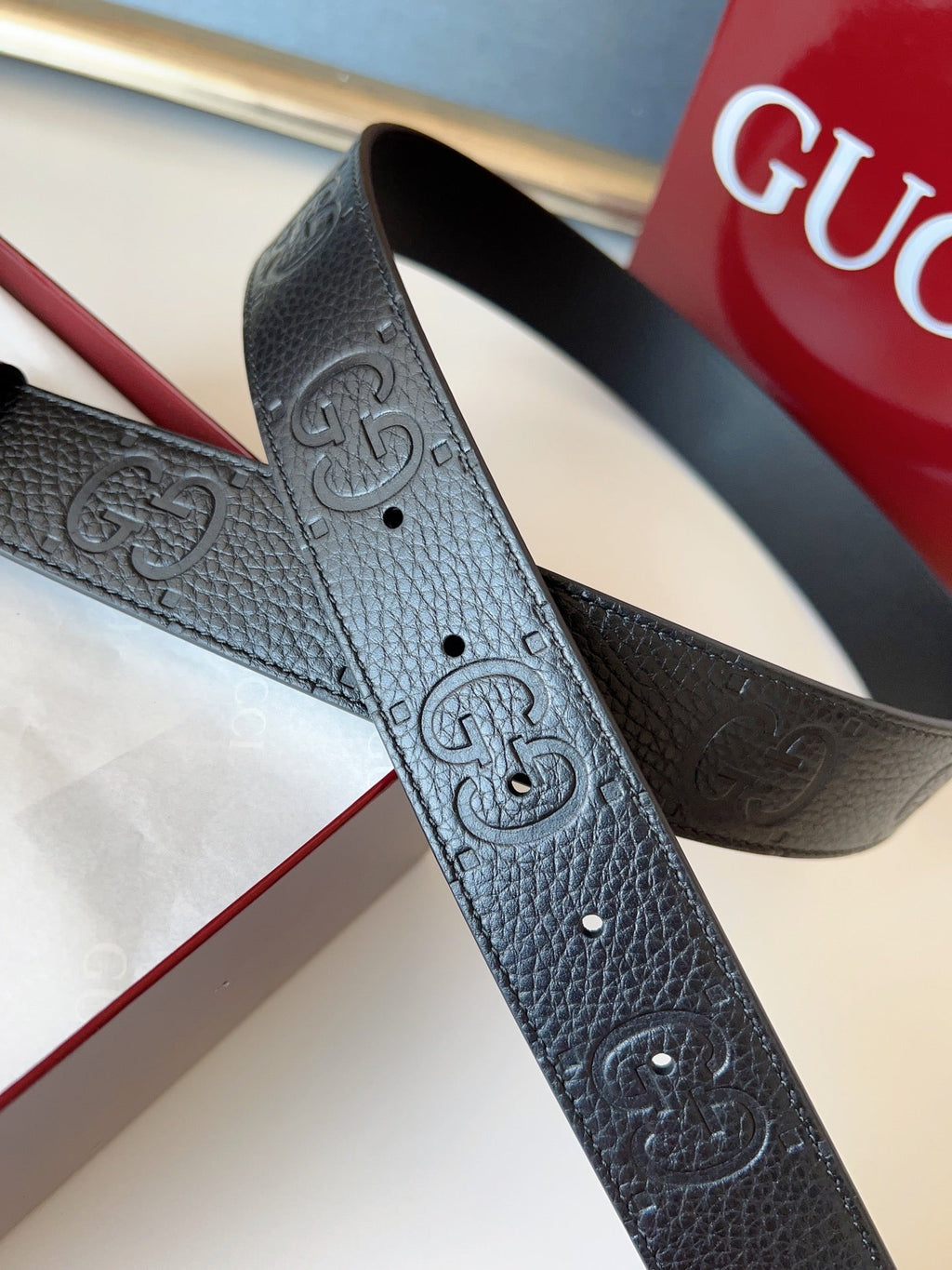 DOUBLE G MARMONT BLUNT COPPER BUCKLE 37MM BLACK EMBOSSED LEATHER