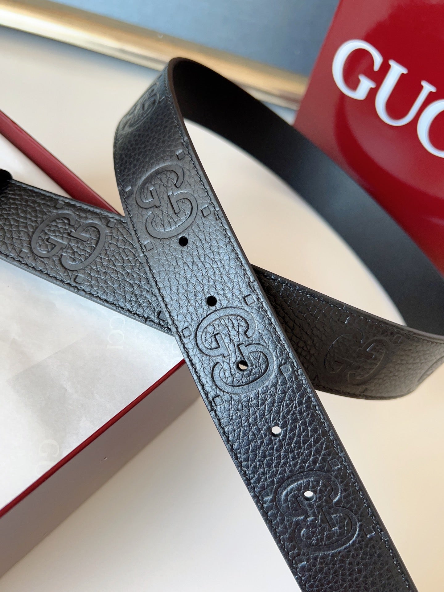 DOUBLE G MARMONT BLUNT COPPER BUCKLE 37MM BLACK EMBOSSED LEATHER