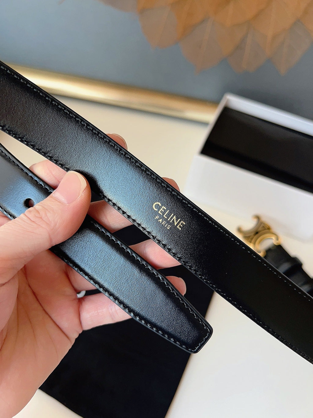 CL Black 25mm Triomphe Enamel Belt Black Cowhide 616414