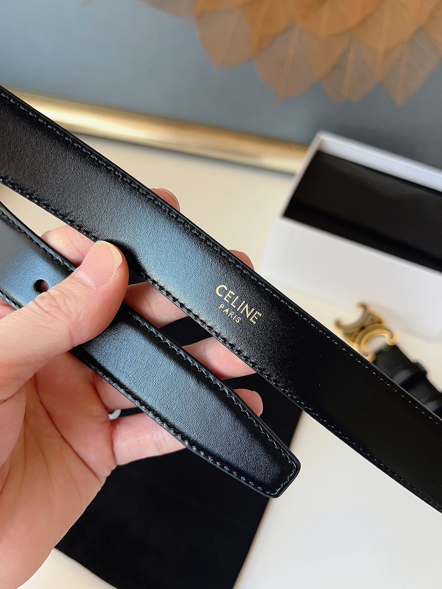 CL Black 25mm Triomphe Enamel Belt Black Cowhide 616414